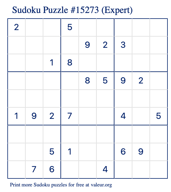 Free Printable Expert Sudoku Puzzle number 15273