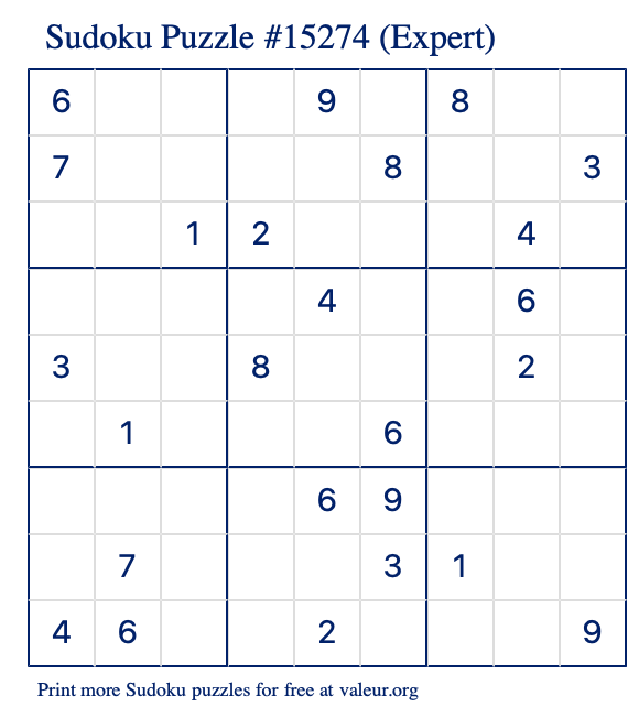 Free Printable Expert Sudoku Puzzle number 15274