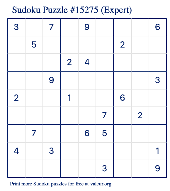Free Printable Expert Sudoku Puzzle number 15275