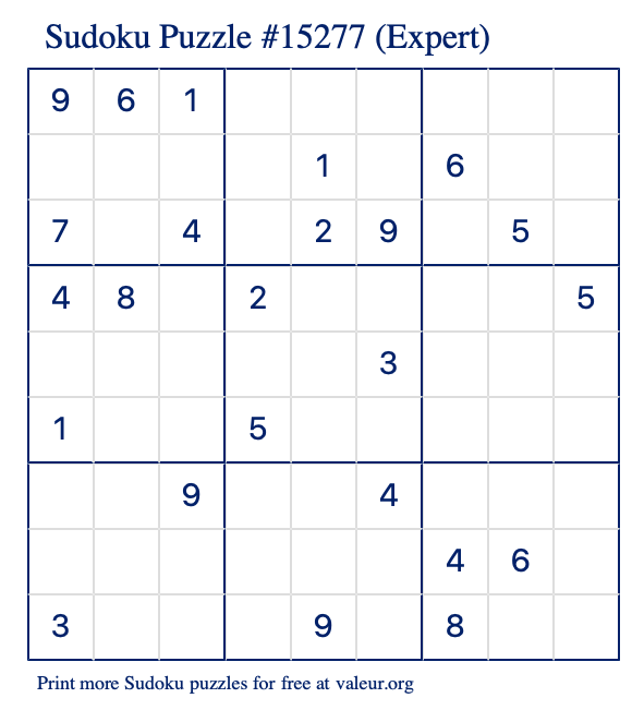 Free Printable Expert Sudoku Puzzle number 15277