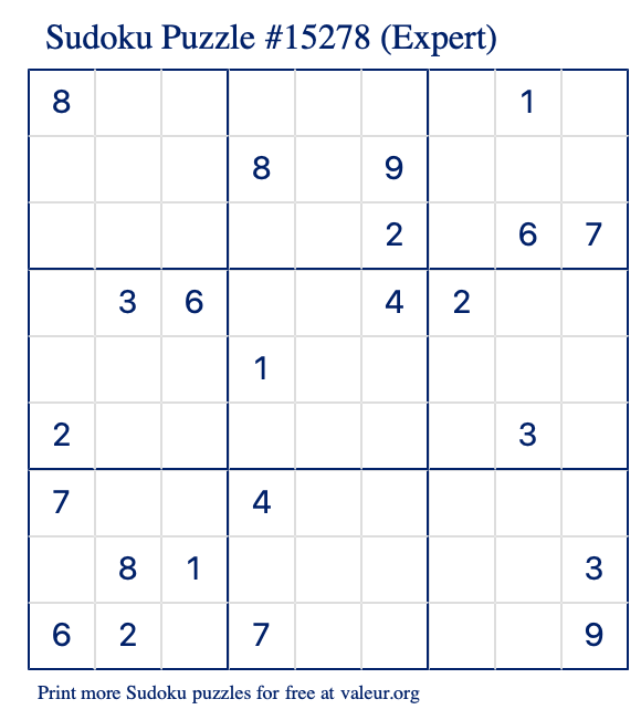 Free Printable Expert Sudoku Puzzle number 15278