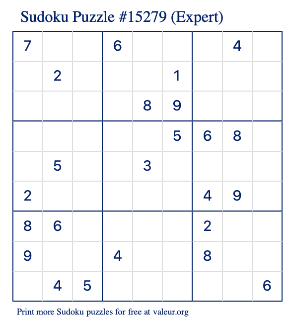 Free Printable Expert Sudoku Puzzle number 15279