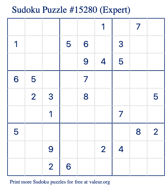 Free Printable Expert Sudoku Puzzle number 15280