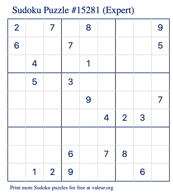 Free Printable Expert Sudoku Puzzle number 15281