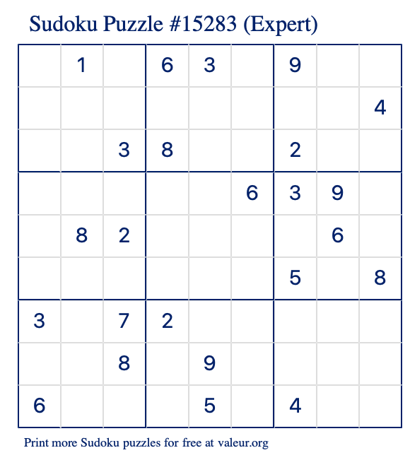 Free Printable Expert Sudoku Puzzle number 15283