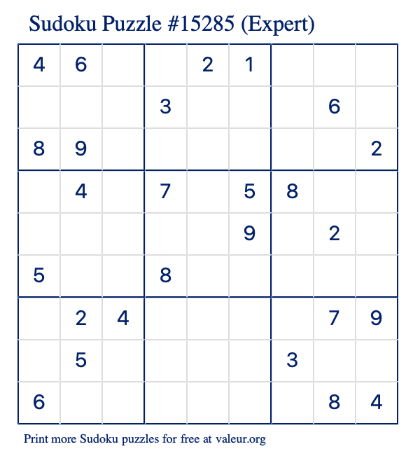 Free Printable Expert Sudoku Puzzle number 15285