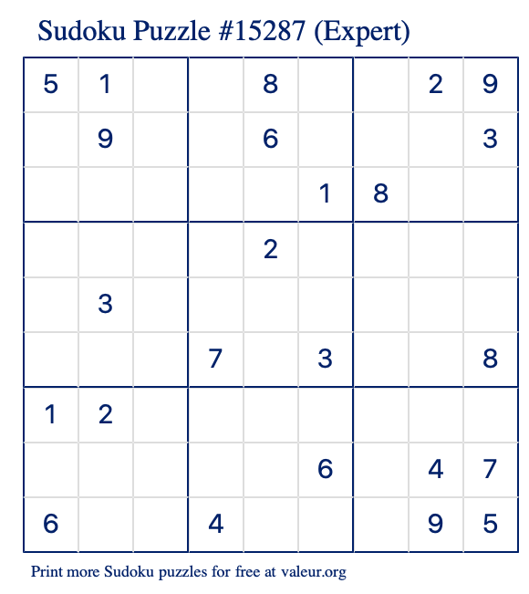 Free Printable Expert Sudoku Puzzle number 15287