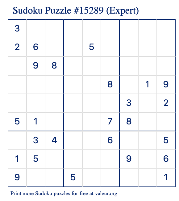 Free Printable Expert Sudoku Puzzle number 15289