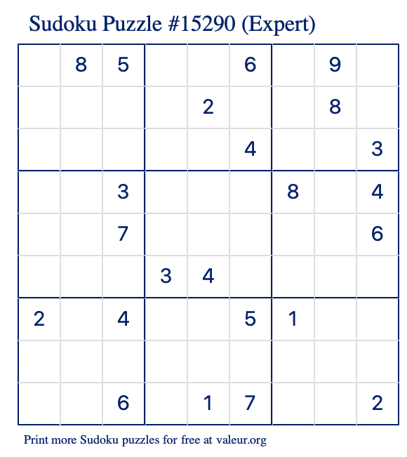 Free Printable Expert Sudoku Puzzle number 15290