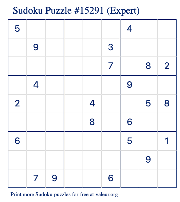 Free Printable Expert Sudoku Puzzle number 15291