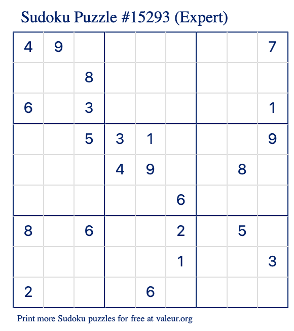 Free Printable Expert Sudoku Puzzle number 15293