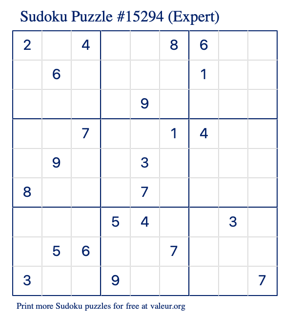 Free Printable Expert Sudoku Puzzle number 15294