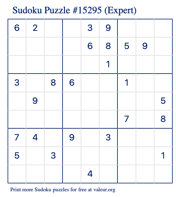 Free Printable Expert Sudoku Puzzle number 15295