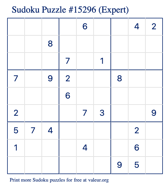 Free Printable Expert Sudoku Puzzle number 15296