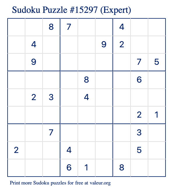 Free Printable Expert Sudoku Puzzle number 15297