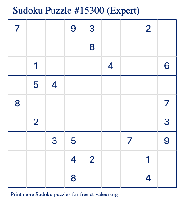 Free Printable Expert Sudoku Puzzle number 15300