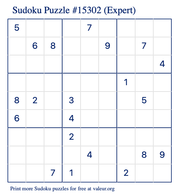 Free Printable Expert Sudoku Puzzle number 15302