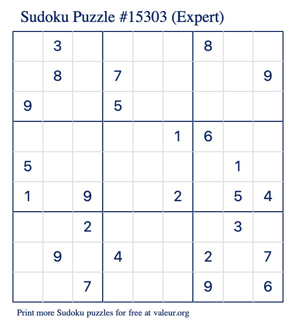 Free Printable Expert Sudoku Puzzle number 15303