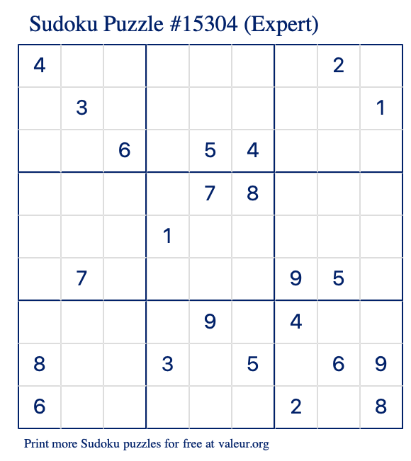 Free Printable Expert Sudoku Puzzle number 15304