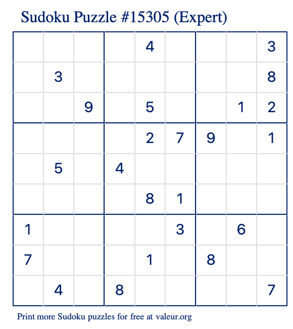 Free Printable Expert Sudoku Puzzle number 15305