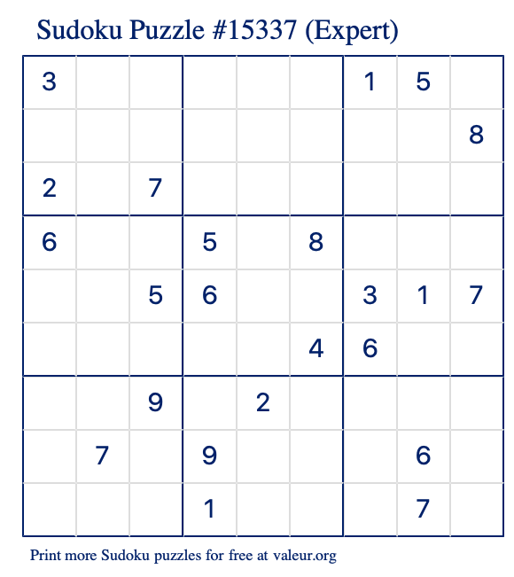 Free Printable Expert Sudoku Puzzle number 15337