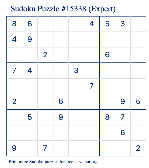 Free Printable Expert Sudoku Puzzle number 15338