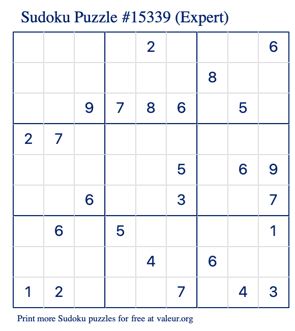 Free Printable Expert Sudoku Puzzle number 15339