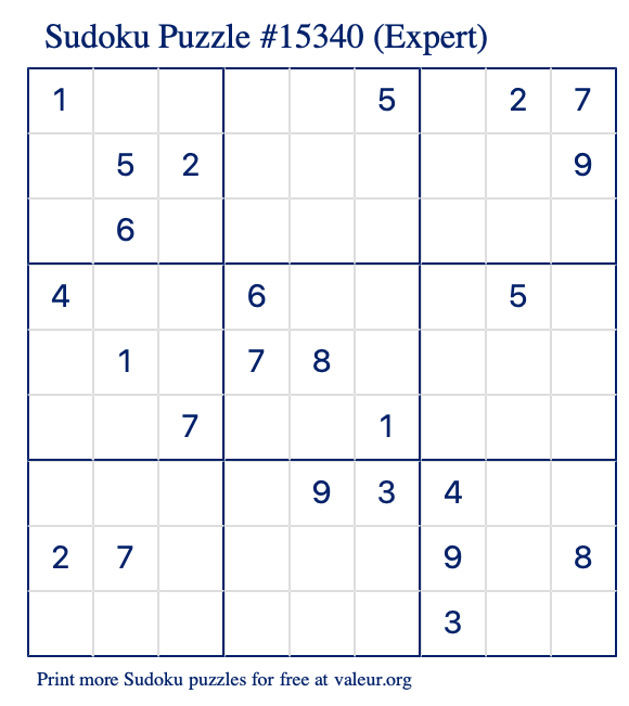 Free Printable Expert Sudoku Puzzle number 15340