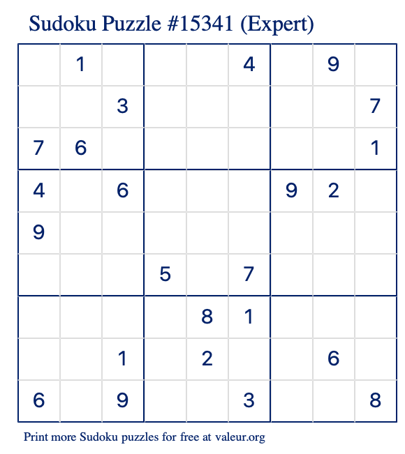 Free Printable Expert Sudoku Puzzle number 15341