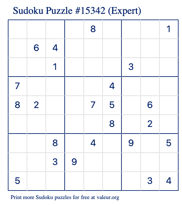 Free Printable Expert Sudoku Puzzle number 15342
