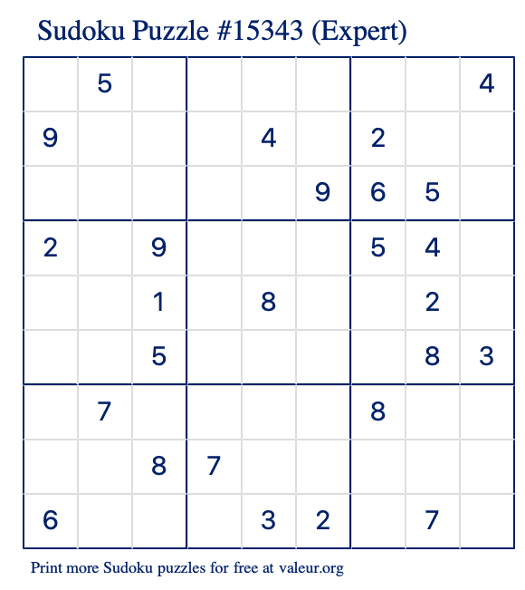Free Printable Expert Sudoku Puzzle number 15343