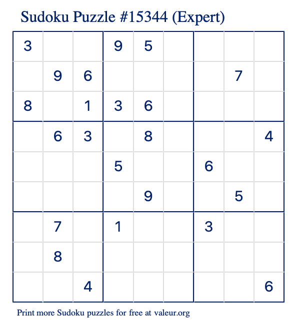 Free Printable Expert Sudoku Puzzle number 15344