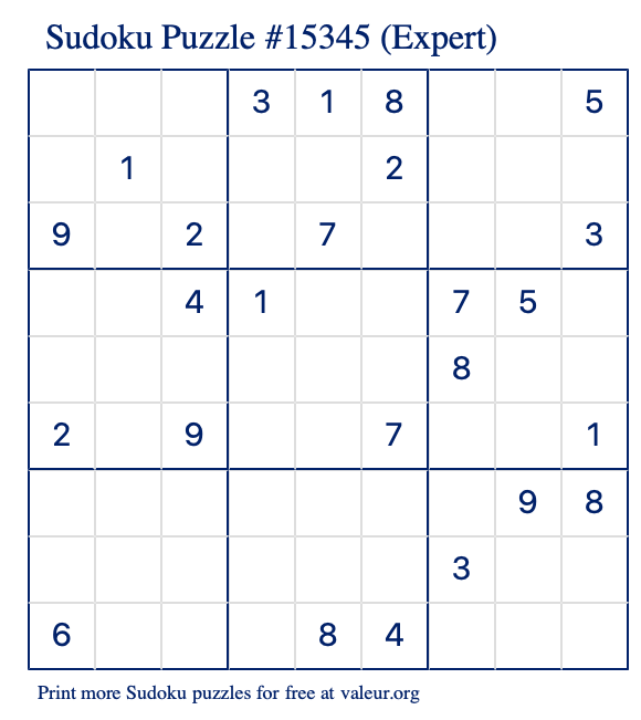 Free Printable Expert Sudoku Puzzle number 15345