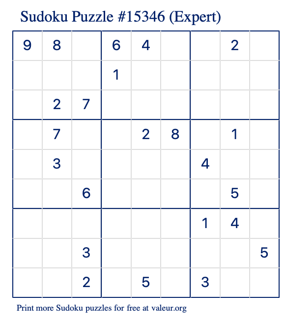 Free Printable Expert Sudoku Puzzle number 15346