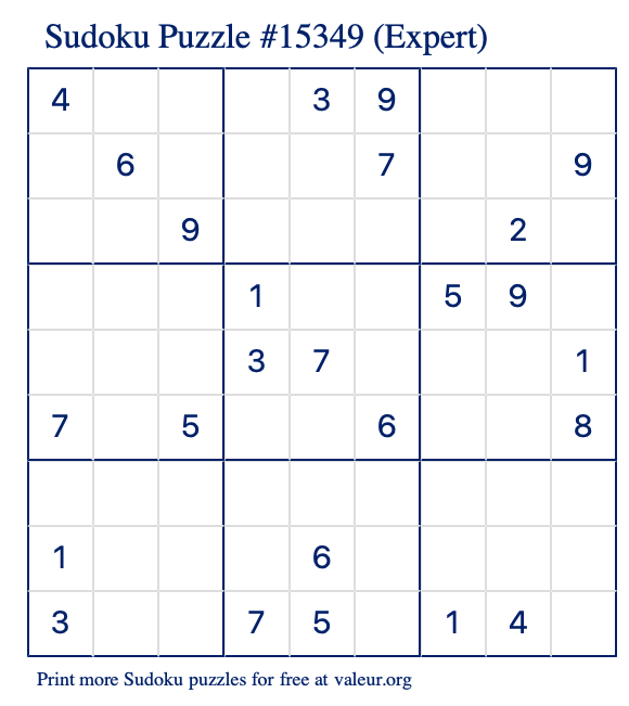 Free Printable Expert Sudoku Puzzle number 15349