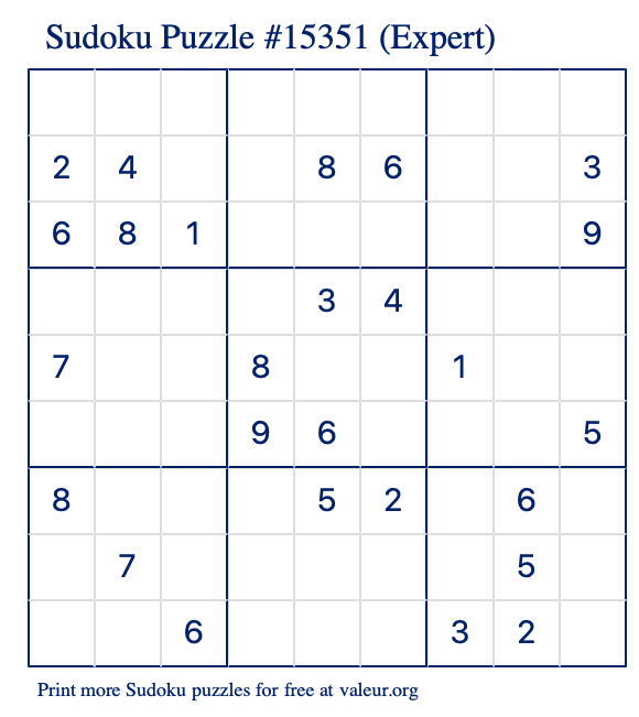 Free Printable Expert Sudoku Puzzle number 15351
