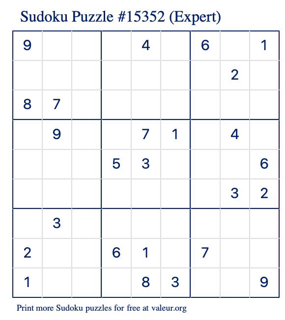 Free Printable Expert Sudoku Puzzle number 15352