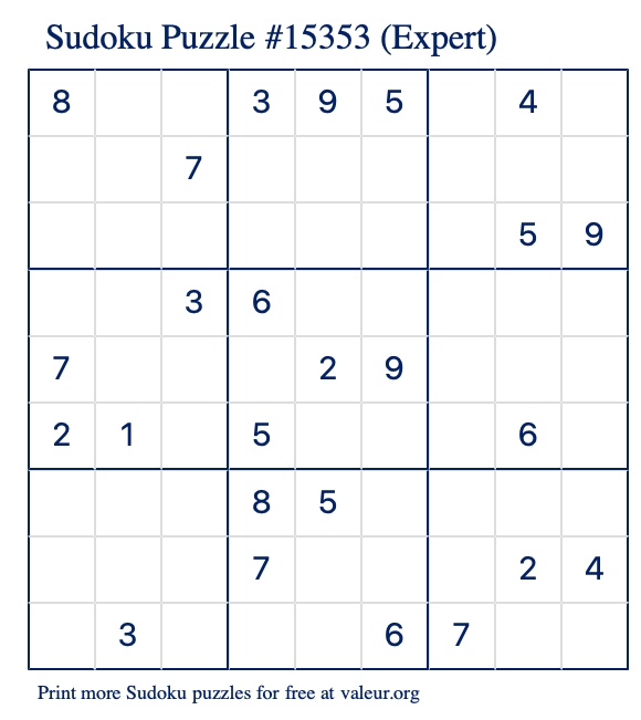 Free Printable Expert Sudoku Puzzle number 15353