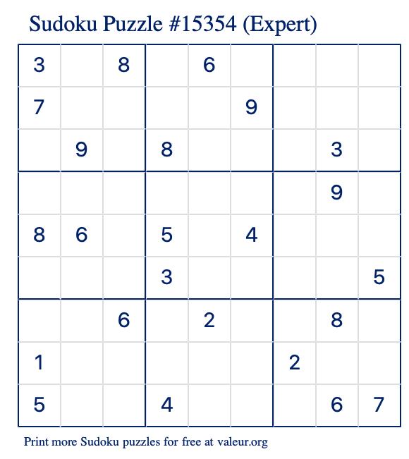 Free Printable Expert Sudoku Puzzle number 15354