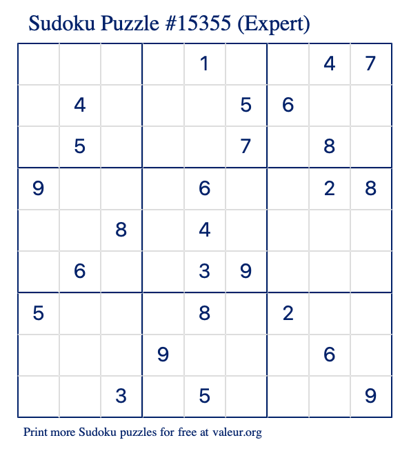 Free Printable Expert Sudoku Puzzle number 15355