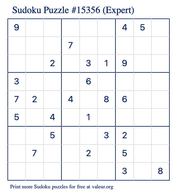 Free Printable Expert Sudoku Puzzle number 15356