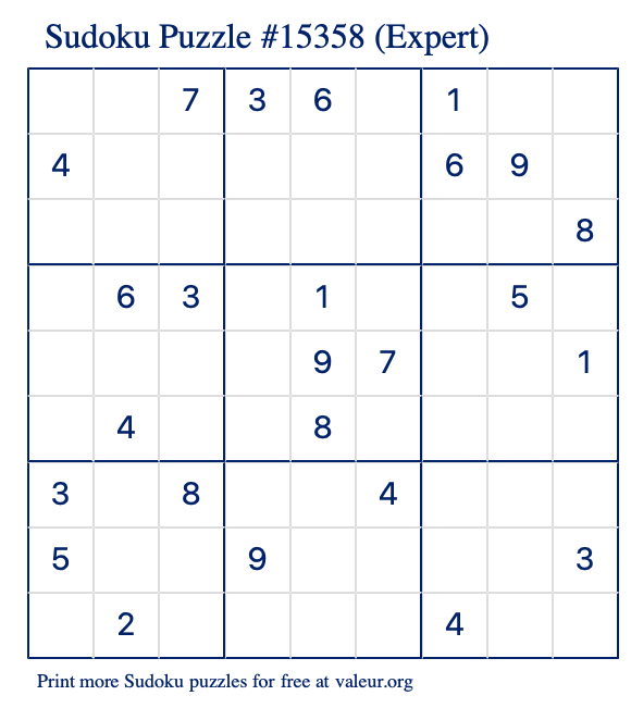 Free Printable Expert Sudoku Puzzle number 15358