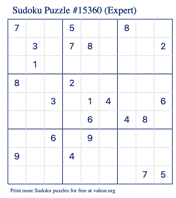 Free Printable Expert Sudoku Puzzle number 15360