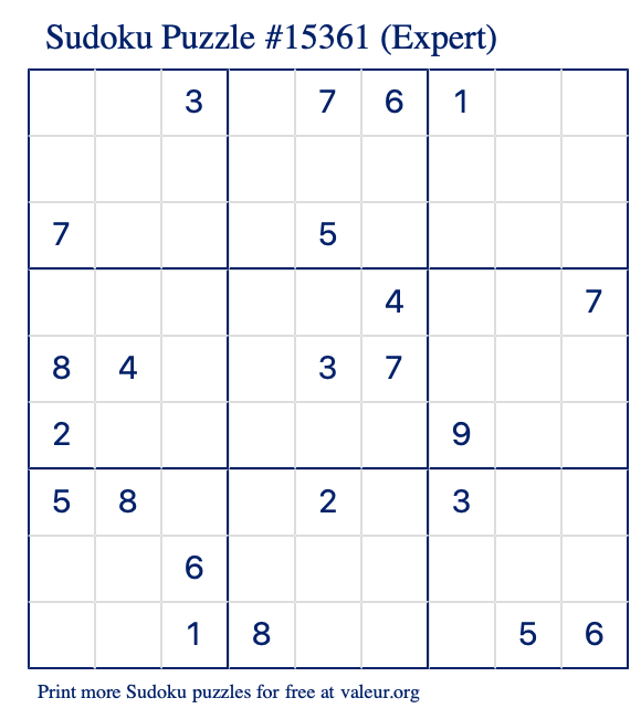 Free Printable Expert Sudoku Puzzle number 15361