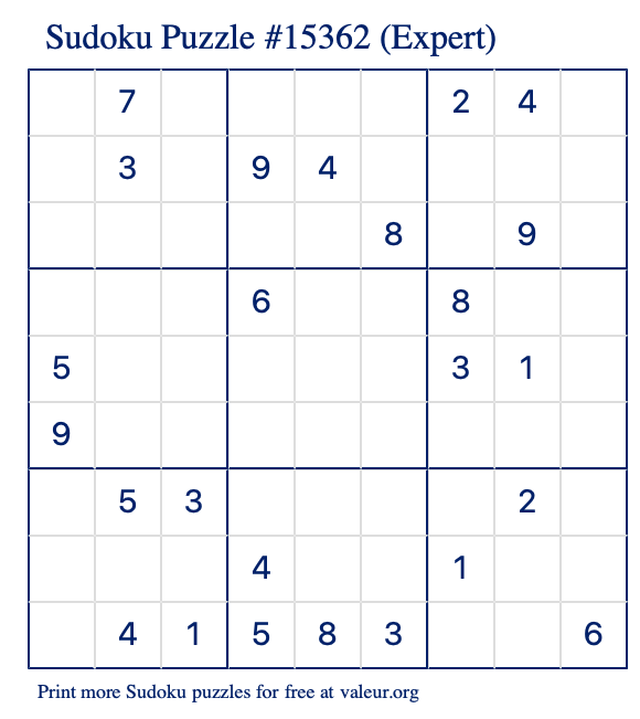 Free Printable Expert Sudoku Puzzle number 15362