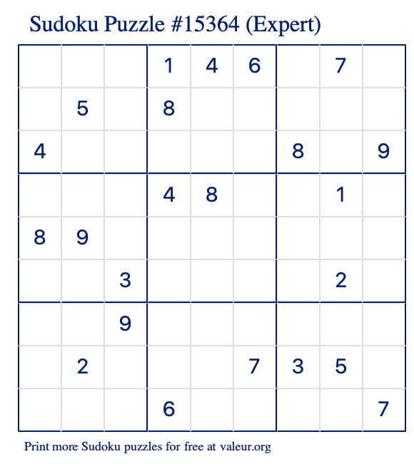 Free Printable Expert Sudoku Puzzle number 15364