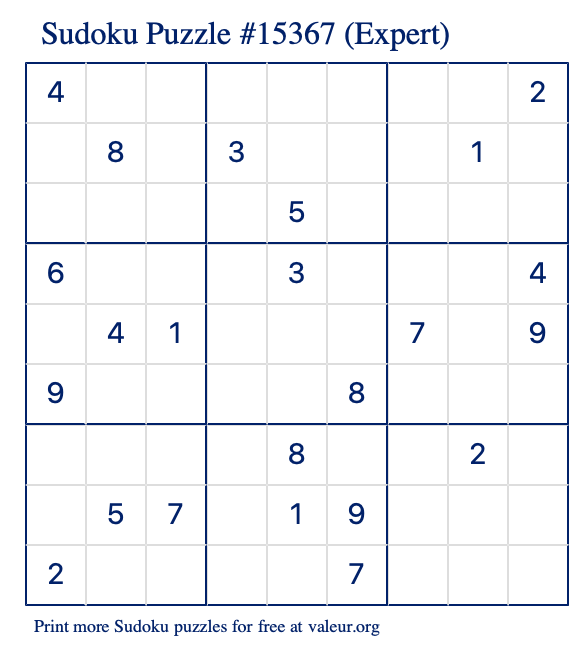 Free Printable Expert Sudoku Puzzle number 15367