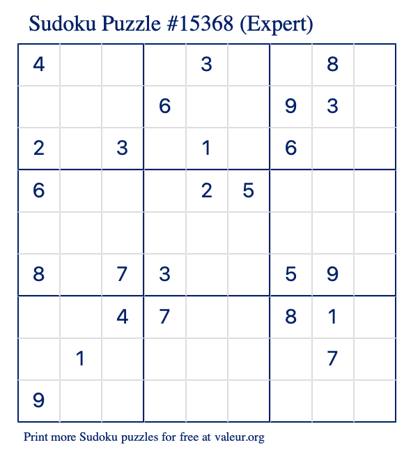 Free Printable Expert Sudoku Puzzle number 15368