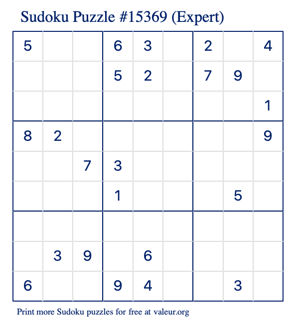 Free Printable Expert Sudoku Puzzle number 15369