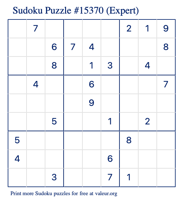Free Printable Expert Sudoku Puzzle number 15370